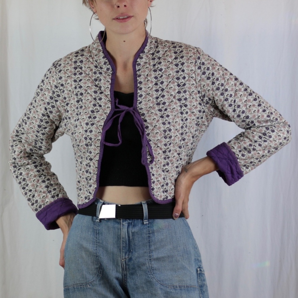 Quilted floral front tie cropped jacket